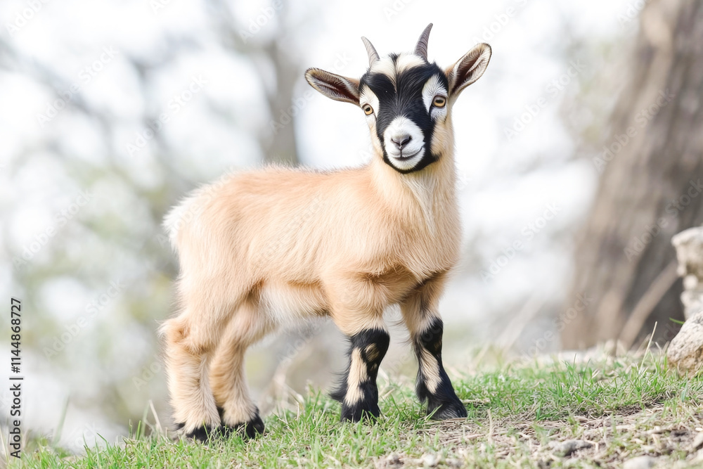 Adorable young goat posing on a grass slope in natural habitat Adorable young goat posing on a grass slope in natural habitat