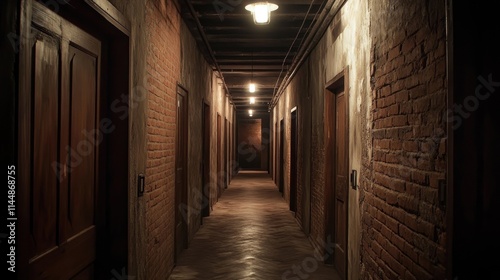 Long, dark, narrow hall with brick walls and wood doors.