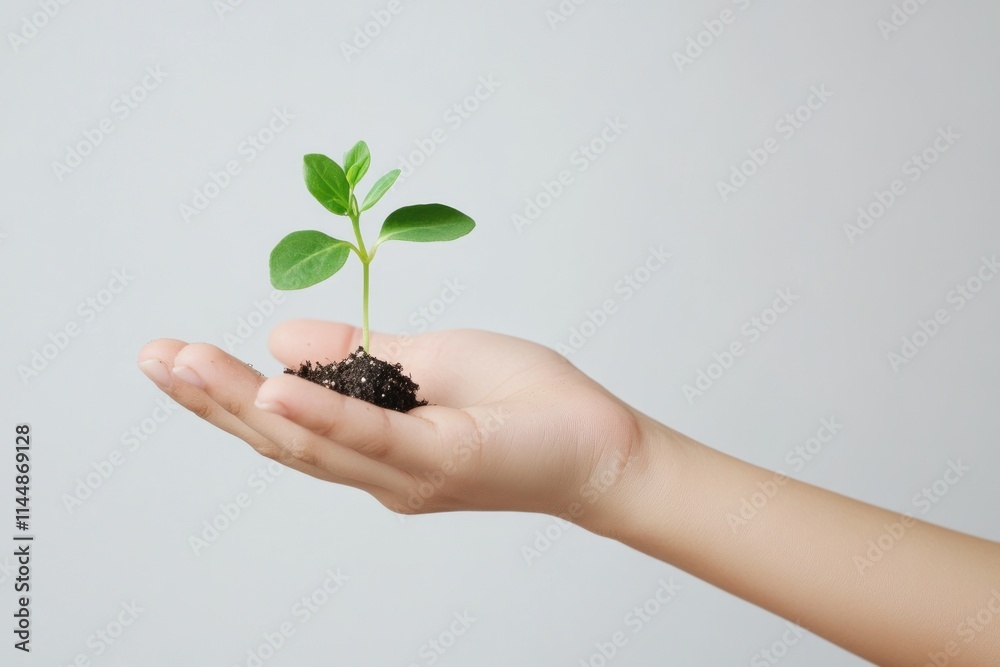 Hand holding small plant with soil on gray background. Hand holding small plant with soil on gray background.