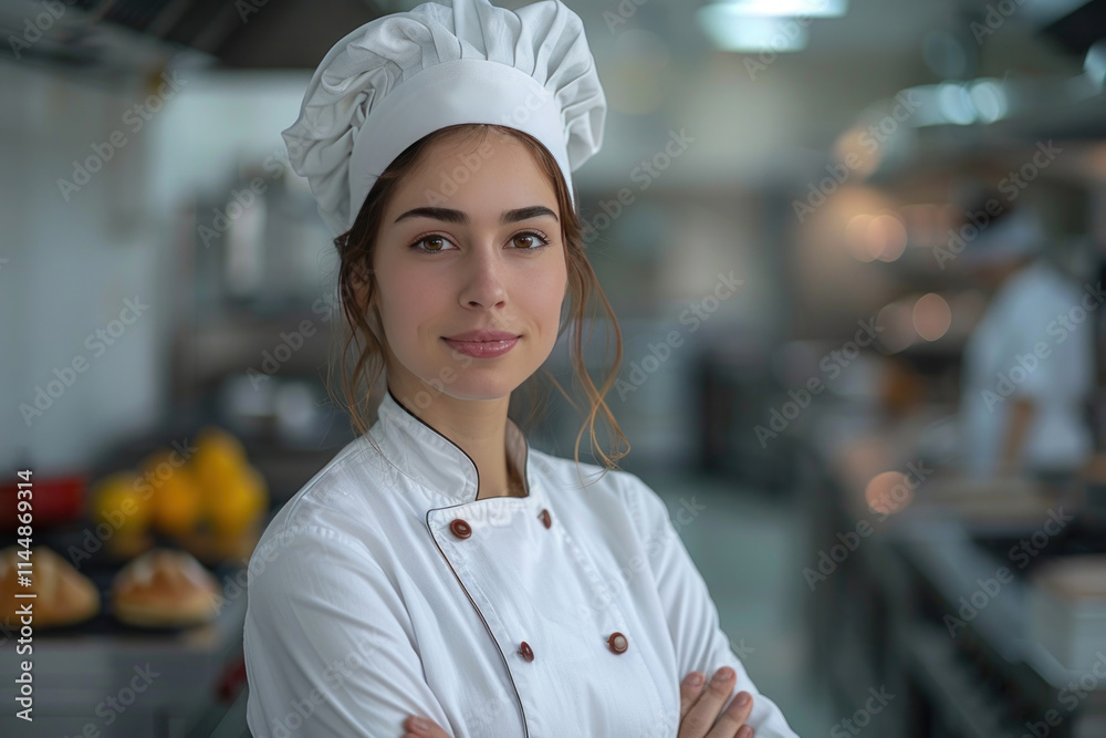 Attractive female chef in uniform, standing in a bright white commercial kitchen., Attractive female chef in uniform, standing in a bright white commercial kitchen.,