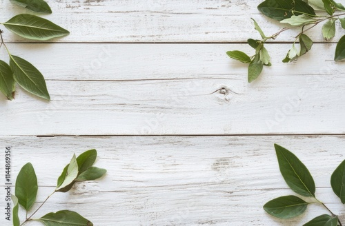 Green leaves on a white wooden surface, top view.