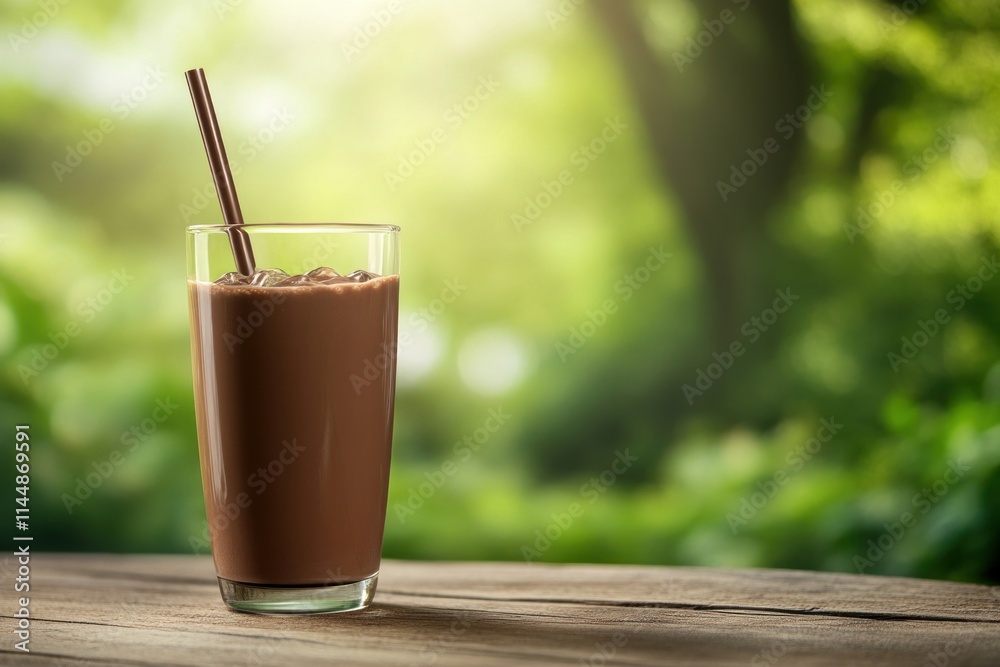 Chocolate milk in glass with straw, outdoors on wood. Chocolate milk in glass with straw, outdoors on wood.