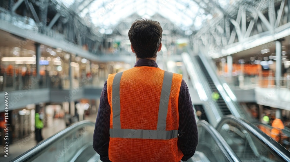 Worker on escalator in building, back. Worker on escalator in building, back.