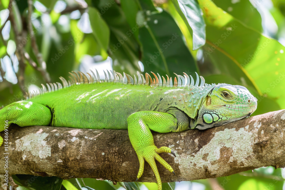 Vibrant green iguana resting on tree branch in lush tropical forest Vibrant green iguana resting on tree branch in lush tropical forest