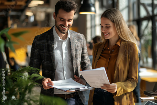 Colleagues Collaborating and Smiling in Modern Bright Office photo