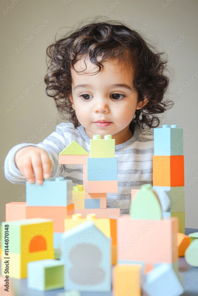 Curious young hispanic child building with colorful blocks