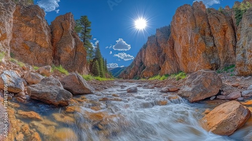 Sunny day at a rocky mountain stream.