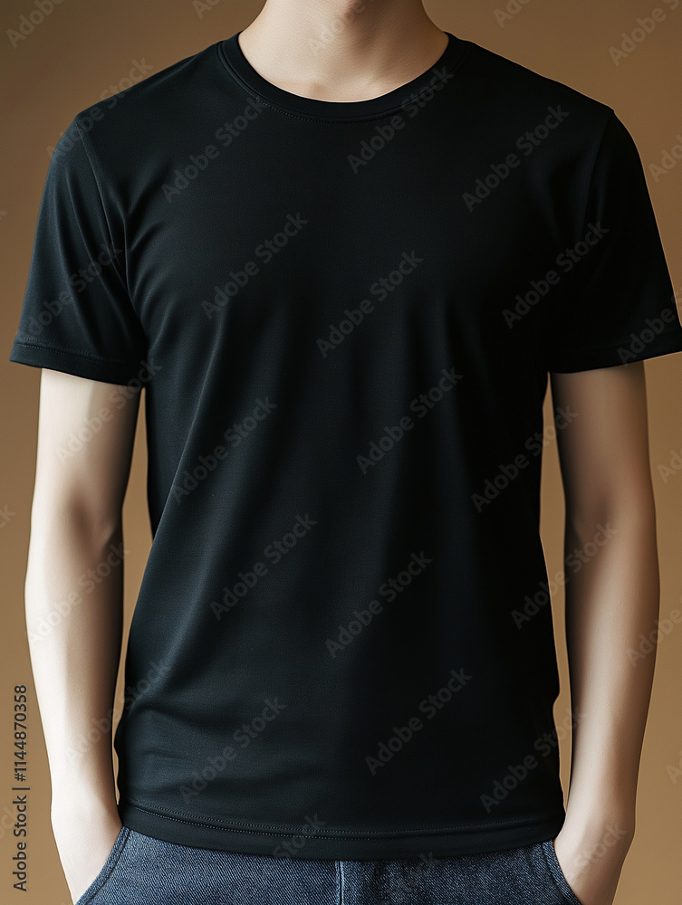 Young Man in Black T-Shirt Standing Against Brown Background Young Man in Black T-Shirt Standing Against Brown Background