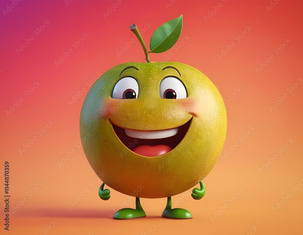 Cute 3d happy face apple cartoon character fruit  with a smile in cheerful mood isolated on pink background