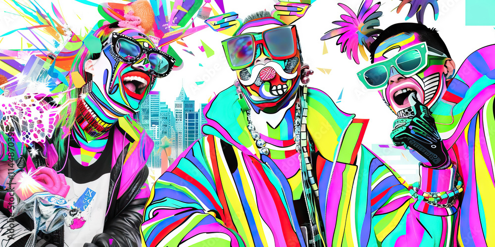 Obraz premium Stylized Portraits of Three Individuals in Multicolored Clothing and Face Paint