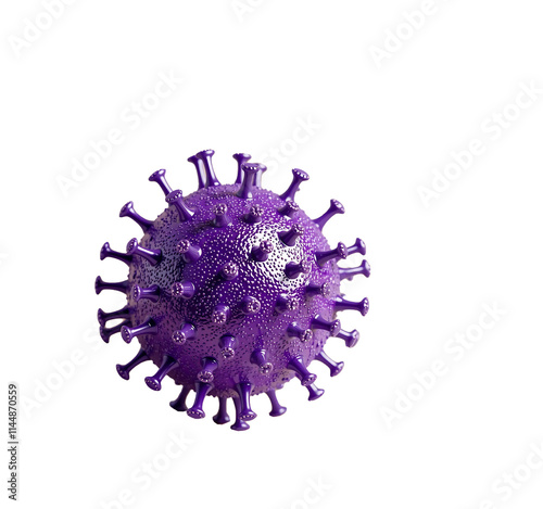 3D shiny purple virus featuring a spherical surface with textured spikes, illustrating a detailed microscopic organism or pathogen. 
