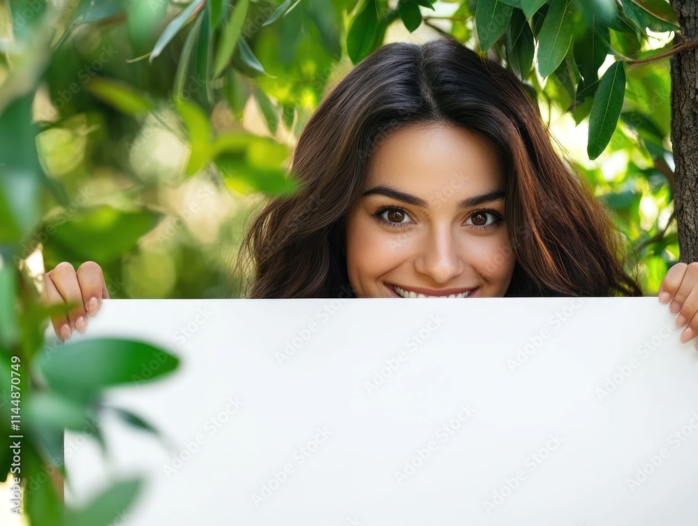Smiling woman peeking behind white board in greenery. Smiling woman peeking behind white board in greenery.