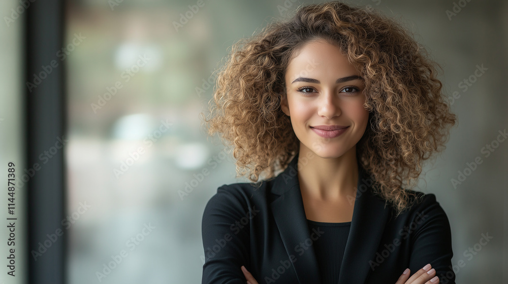 Confident Young Brazilian Businesswoman Smiling in Modern Office Setting