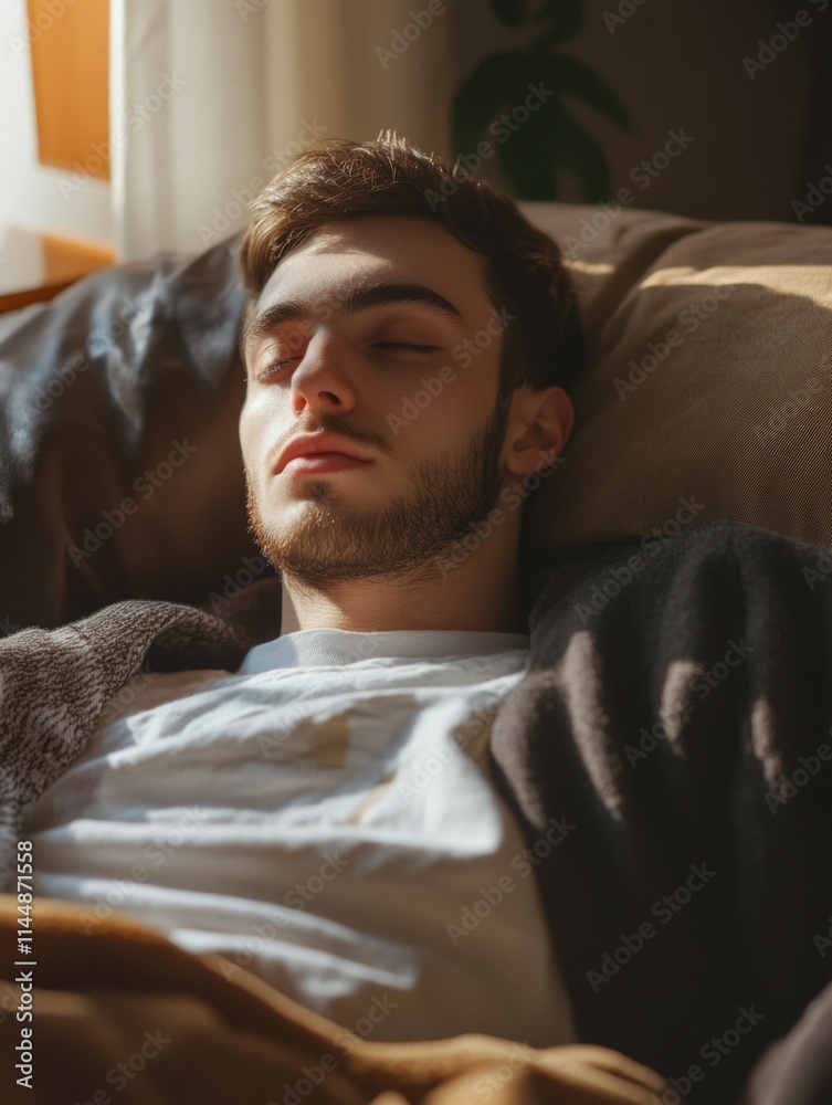Obraz premium Young man sleeping peacefully on bed