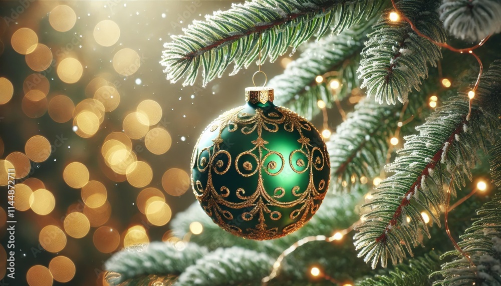 Green and gold christmas ornament hanging on a snowy christmas tree branch with golden lights sparkling in the background, creating a festive and magical holiday scene Green and gold christmas ornament hanging on a snowy christmas tree branch with golden lights sparkling in the background, creating a festive and magical holiday scene