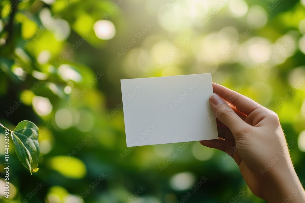 Hand holding blank card in a forest. Hand holding blank card in a forest.