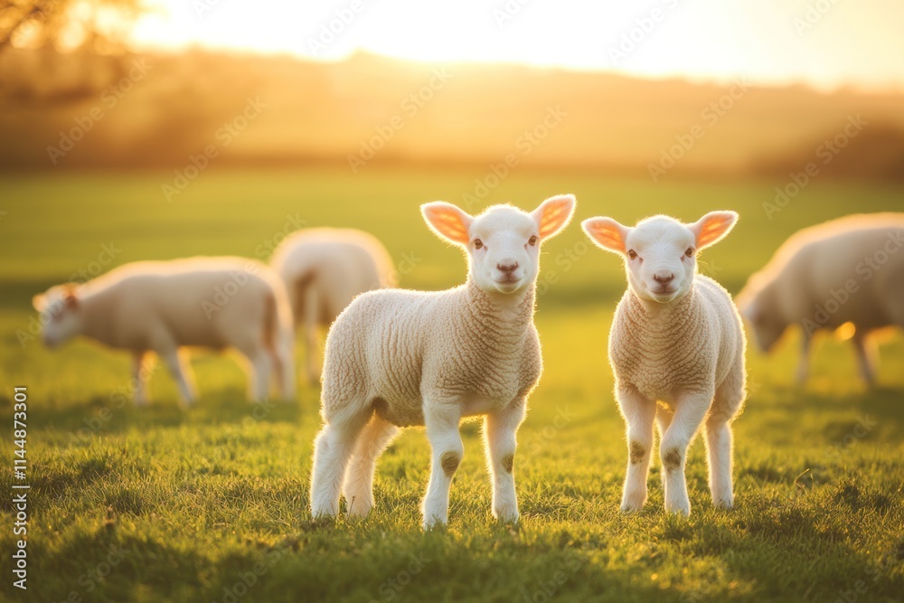 Obraz premium Lambs in a grassy field at golden hour.