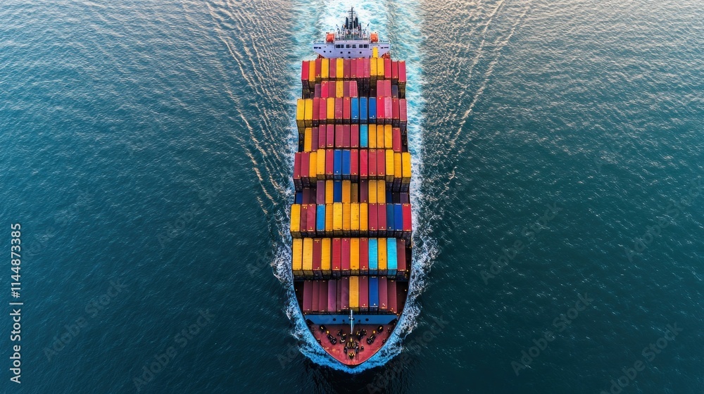 Container ship sailing on blue sea with colored boxes. Container ship sailing on blue sea with colored boxes.