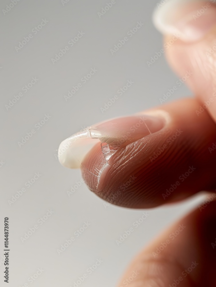 A close-up image of a fingertip with severely cracked and shattered glass-like nail, conveying the fragility and vulnerability of the human body. A close-up image of a fingertip with severely cracked and shattered glass-like nail, conveying the fragility and vulnerability of the human body.