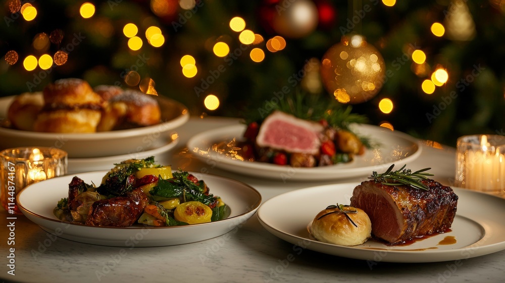 Elegant holiday dining setup featuring a variety of gourmet dishes, including roasted meat and vegetables, beautifully plated against a backdrop of twinkling lights and festive decorations Elegant holiday dining setup featuring a variety of gourmet dishes, including roasted meat and vegetables, beautifully plated against a backdrop of twinkling lights and festive decorations