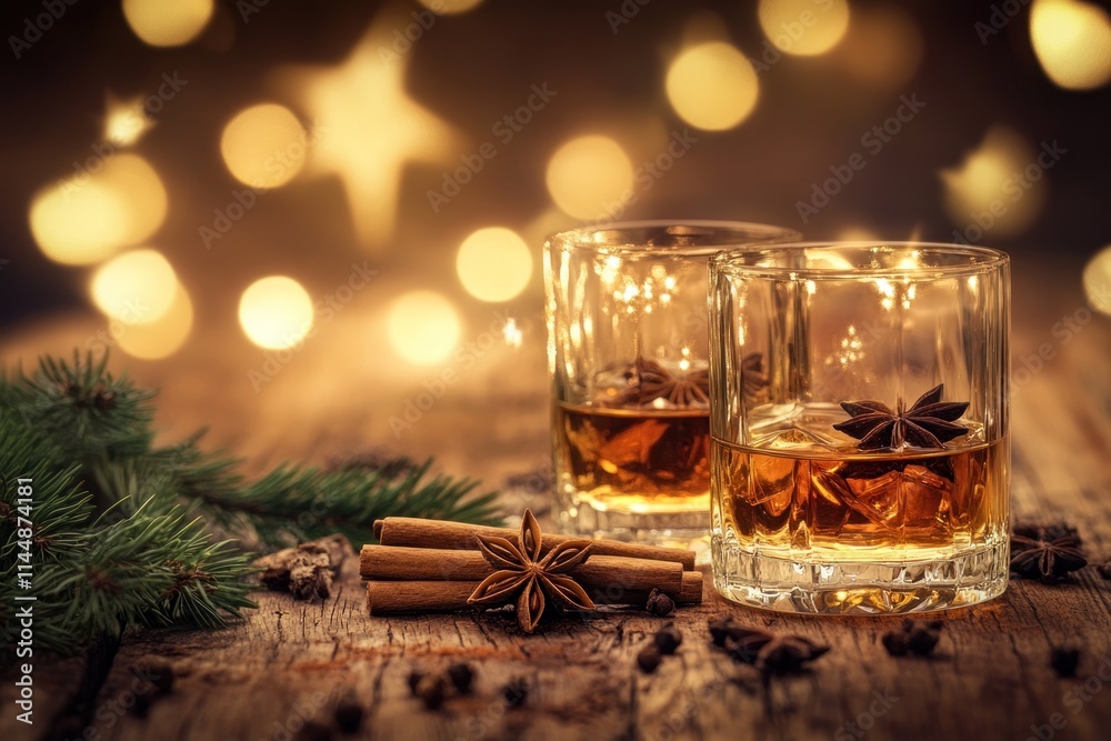 Whiskey glasses, spices, festive light. Whiskey glasses, spices, festive light.