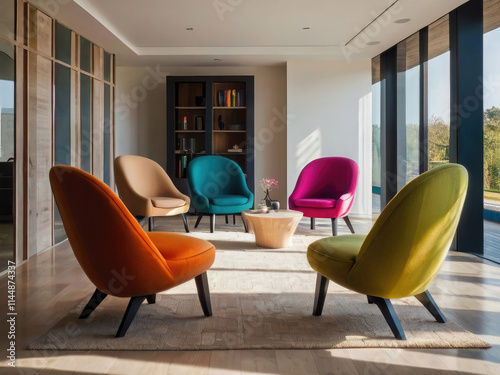 Modern living room interior featuring cozy, pluSH COLORFULL  sofas a wooden side table with decorative items, and minimalist decor. The space is enhanced by a large abstract painting and a soft rug