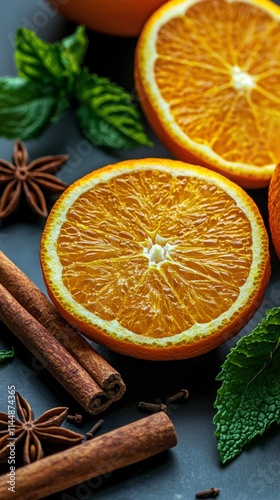 Vibrant orange slices surrounded by aromatic cinnamon sticks, star anise, and fresh mint leaves. The composition highlights the natural textures and colors of the ingredients