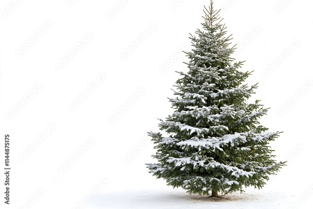 Snow-covered evergreen tree standing alone in a winter landscape during daylight hours Snow-covered evergreen tree standing alone in a winter landscape during daylight hours