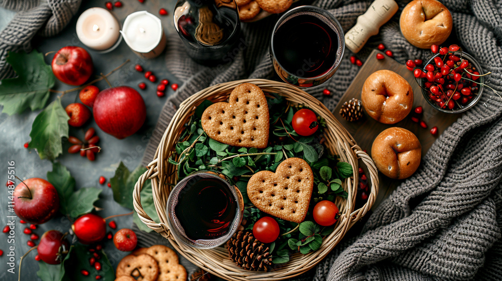 Heart-shaped cookies and autumn fruits create a cozy table setting Heart-shaped cookies and autumn fruits create a cozy table setting