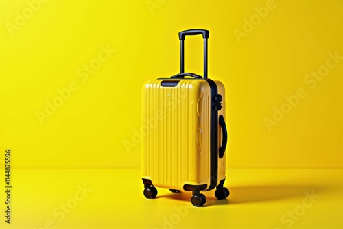 Stylish yellow luggage with wheels and handle on matching yellow background. Ideal travel concept for vacations, adventures, and promotional designs.