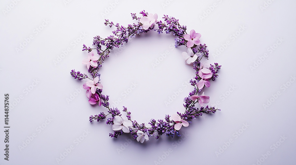 A purple flower arrangement is placed on a white background. The flowers are arranged in a circular shape, with some of them overlapping each other. Scene is serene and calming A purple flower arrangement is placed on a white background. The flowers are arranged in a circular shape, with some of them overlapping each other. Scene is serene and calming