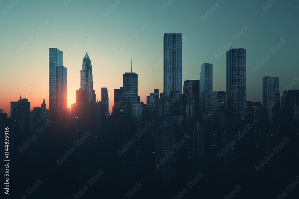 City skyline sunrise, tall buildings, muted colors. City skyline sunrise, tall buildings, muted colors.