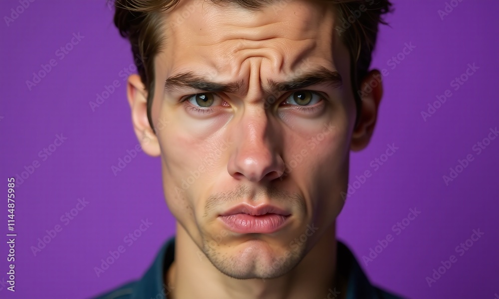 Portrait young man furrowed brow pouting expression annoyed Portrait young man furrowed brow pouting expression annoyed