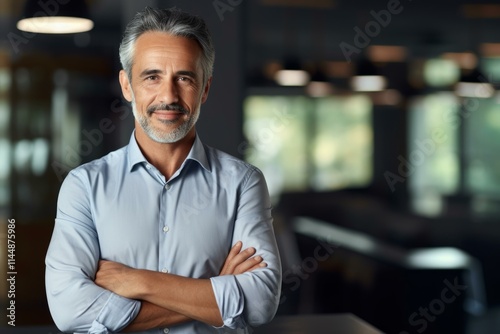 Confident mature manager smiling with crossed arms in contemporary workspace, showing leadership and experience