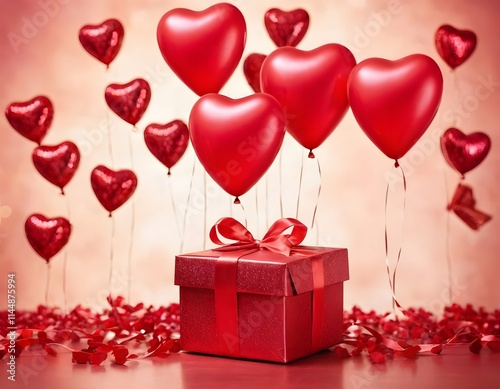 3d gift box with red hearts shining balloons isolated on pink  red valentines day, new year eve, Christmas, wedding anniversary celebration background with copy space 