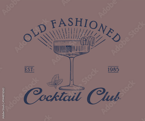 Vintage cocktail club vector design, Old fashioned cocktail glass with lemon and mint vector art, Summer drinks artwork for t shirt, poster, screen print, menu card 