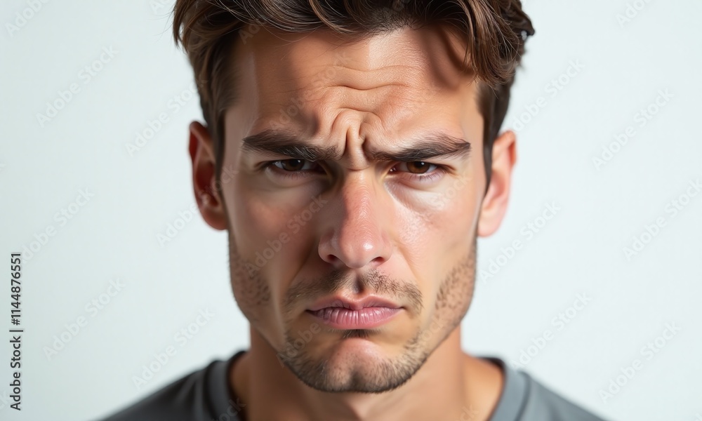 Portrait young man furrowed brow pouting expression annoyed Portrait young man furrowed brow pouting expression annoyed