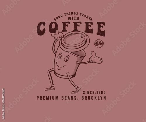 Vintage coffee shop artwork with typography, Funny coffee cup cartoon character vector art,  Coffee Shop artwork for t shirt, sticker, poster, graphic print  photo