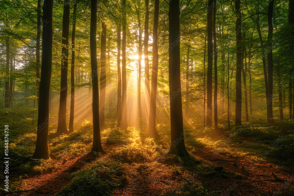Obraz premium Sunlight streaming through forest trees in serene woodland setting