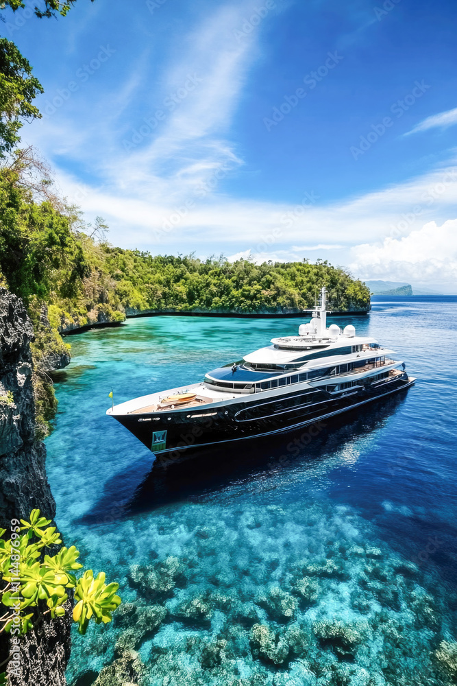 Luxurious yacht sailing in pristine turquoise waters surrounded by lush green islands Luxurious yacht sailing in pristine turquoise waters surrounded by lush green islands