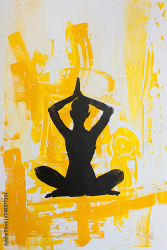 Silhouette of Person Meditating Against Vibrant Yellow Abstract Background