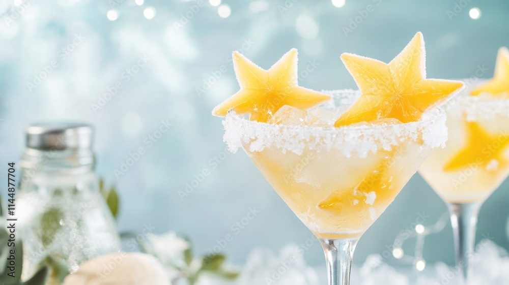 Festive starfruit cocktails with sugar rim and sparkling lights Festive starfruit cocktails with sugar rim and sparkling lights