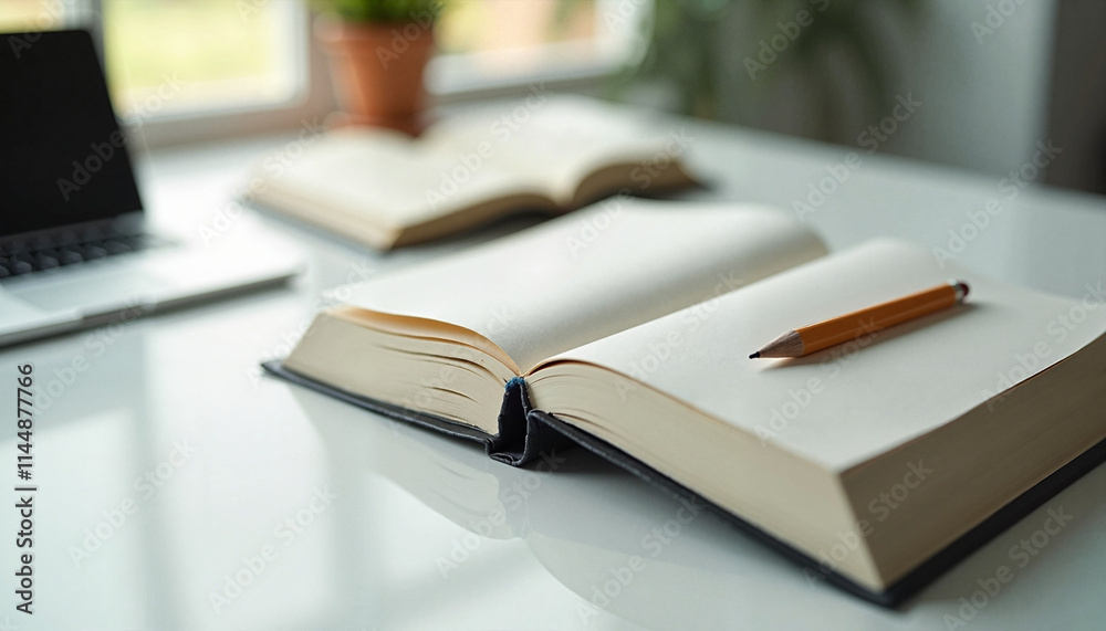 Naklejka premium Open book with pencil beside laptop on glossy table in bright workspace