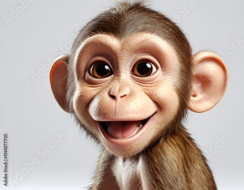 closeup shot of beautiful 3d monkey smiling face shining eyes cartoon character isolated on blurry  grey background 