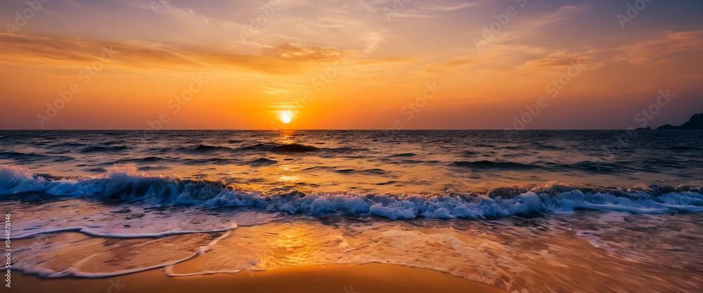 Stunning sunset over a tranquil ocean beach. Gentle waves caress the golden sand, reflecting the vibrant skys hues. A serene, picturesque scene. Stunning sunset over a tranquil ocean beach. Gentle waves caress the golden sand, reflecting the vibrant skys hues. A serene, picturesque scene.