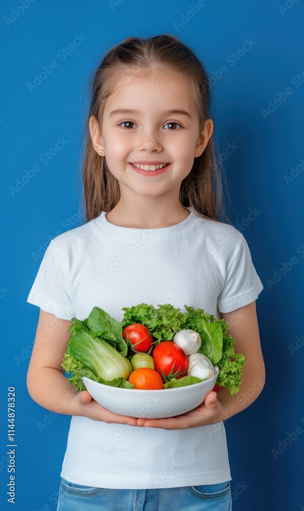 Smiling Girl Holding a Bowl of Fresh Vegetables Against a Bright Blue Background Smiling Girl Holding a Bowl of Fresh Vegetables Against a Bright Blue Background