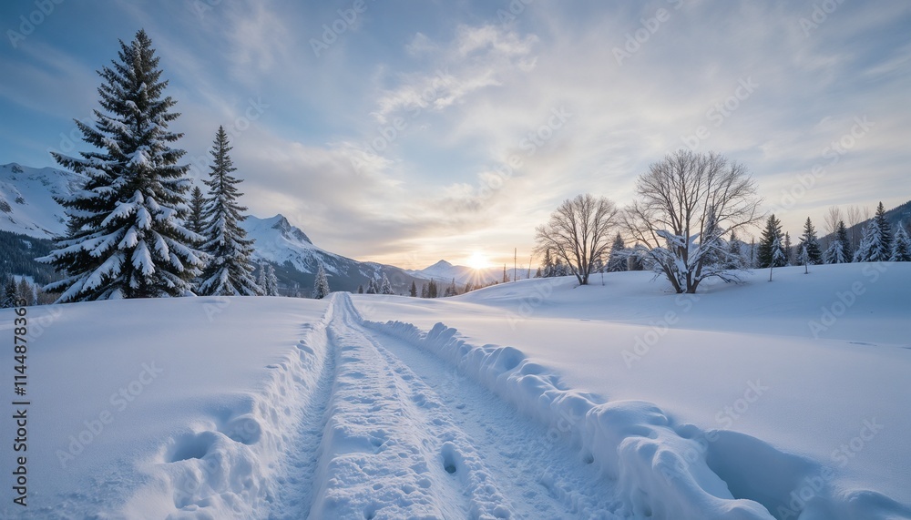 Obraz premium Romantic winter landscape with a snowy path leading to a sunset behind the mountains