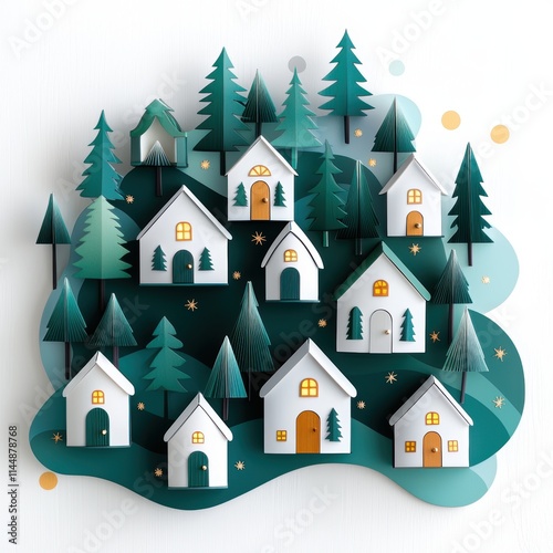 A whimsical paper art scene featuring charming houses nestled among evergreen trees, evoking a serene and festive atmosphere.