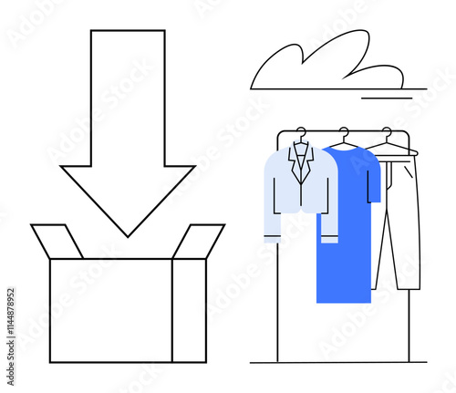Box with downward arrow indicates packing clothes including shirts, pants, and jackets. Ideal for online shopping, moving, ironing services, laundry, retail clothing donation storage. Line metaphor