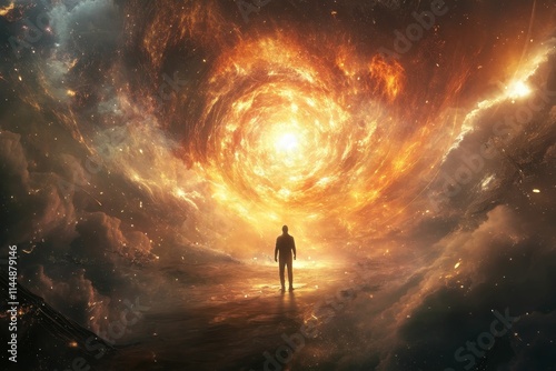 Solitary figure facing fiery cosmic swirl.